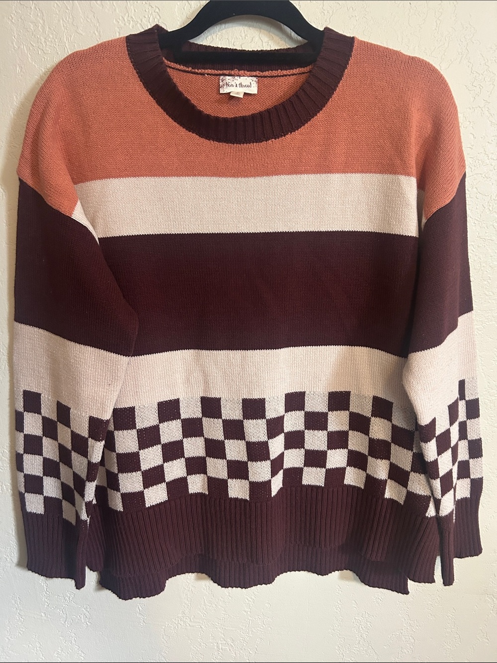 Hem & Thread Striped & Checker Knit Sweater - Maroon, Peach & Cream